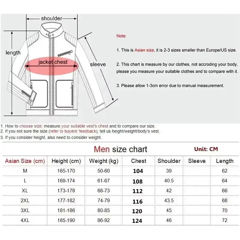 Men windproof sleeveless vest with quilted shoulder panels and front pockets, shown with Asian size chart (M–4XL).