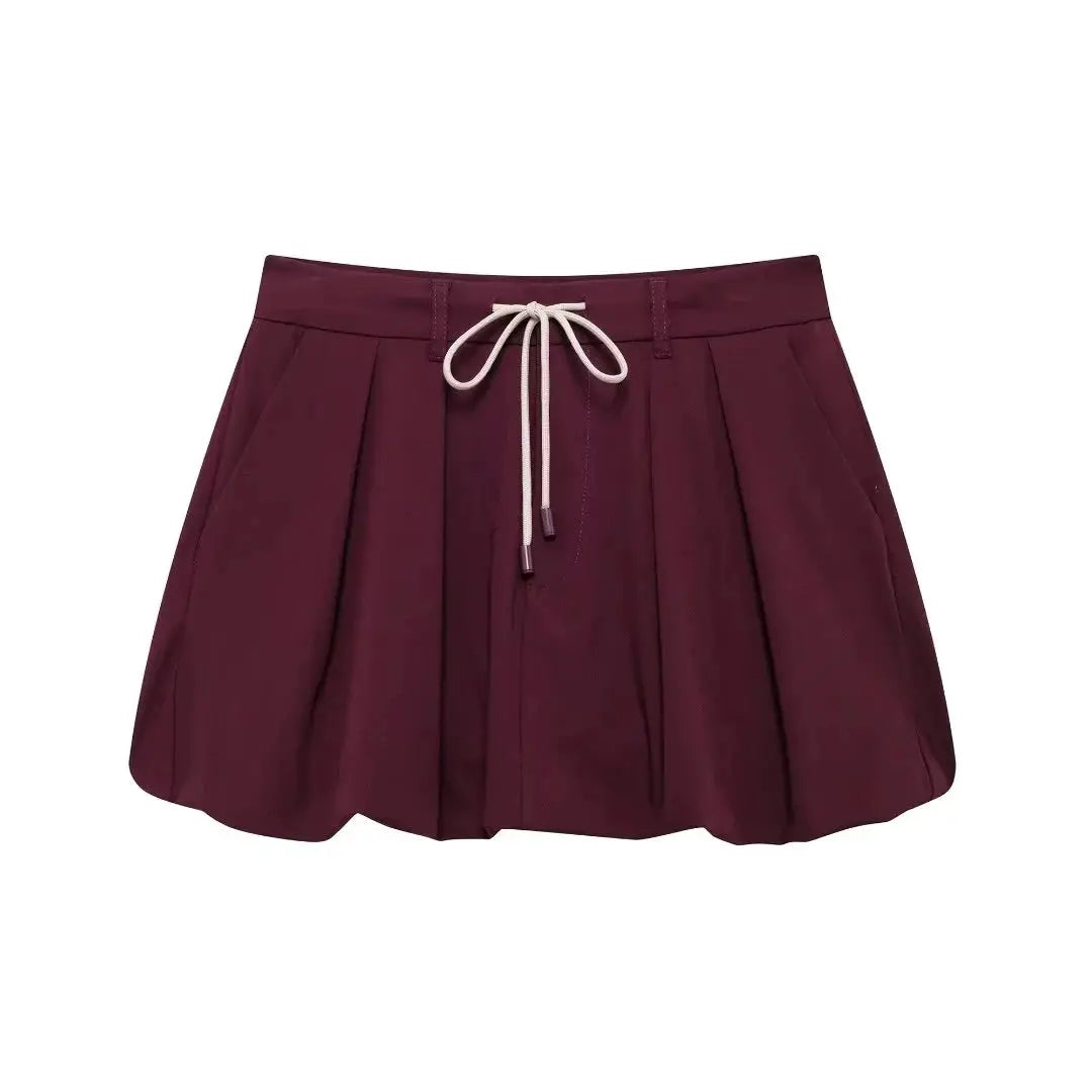 Casual Women Two Piece Set Lace Up Jacket Lantern Sleeve Mini Skirt