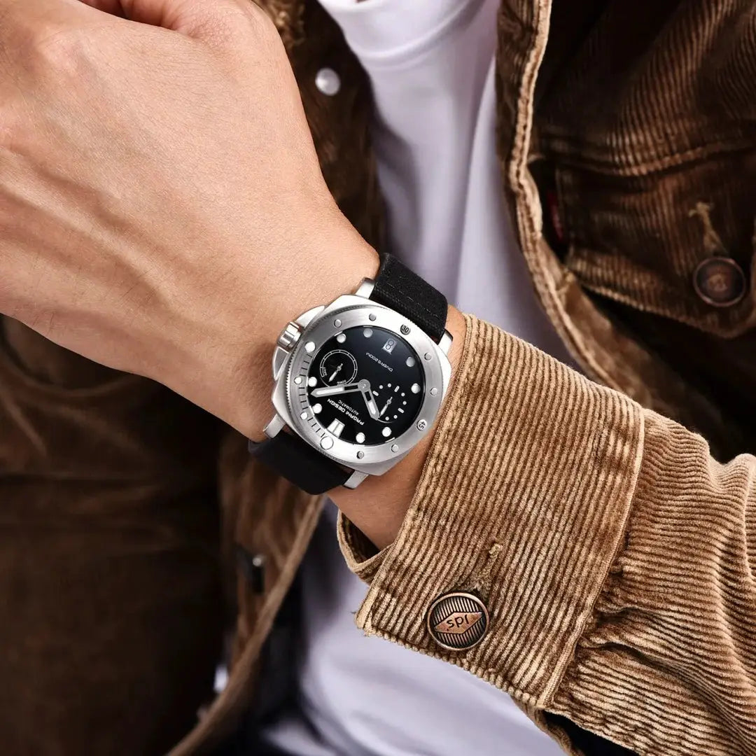 Pagani Design men's automatic watch with black dial, silver case, and black strap.