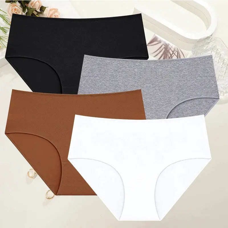 Simples Market 4-piece set of women's high-waist cotton seamless panties in black, gray, brown, and white