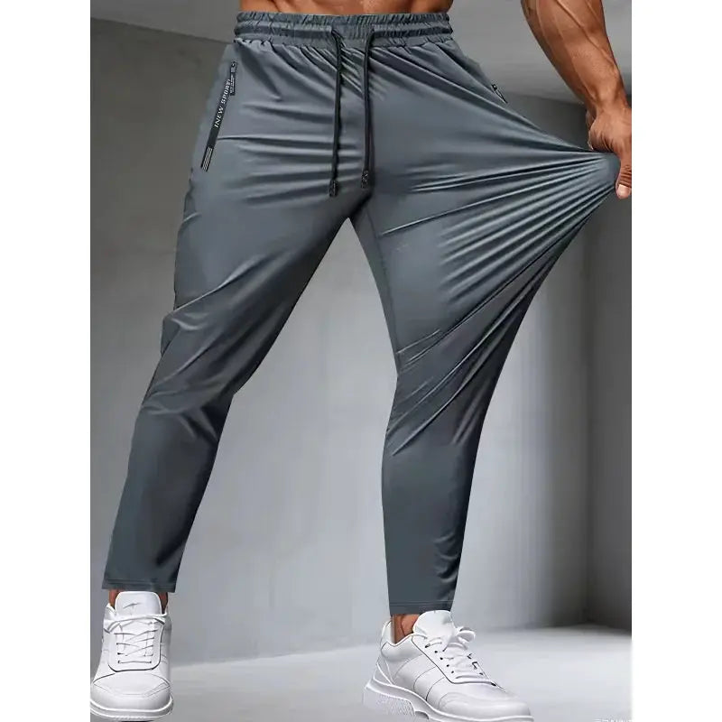 Simples Market men's gray fitness jogger pants with zippered pockets, stretch fabric for running