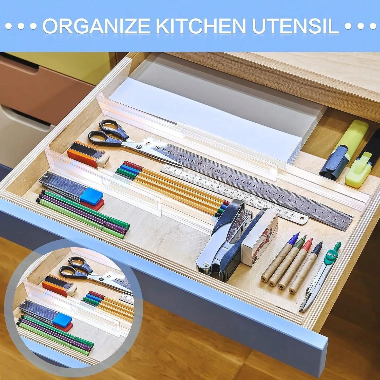 Simples Market clear plastic drawer dividers organizer set with expandable partitions in a kitchen drawer