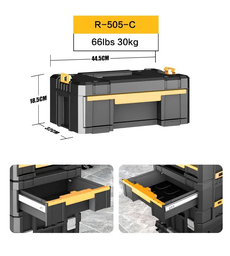 AIRAJ Stackable Modular Toolbox Set with wheels by Simples Market in gray with yellow accents.