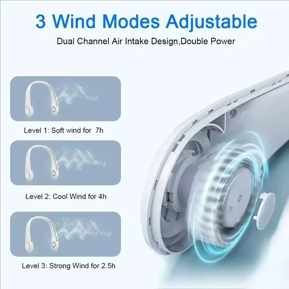 Hands-free neck fan by Simples Market, white bladeless USB rechargeable with 3 speeds