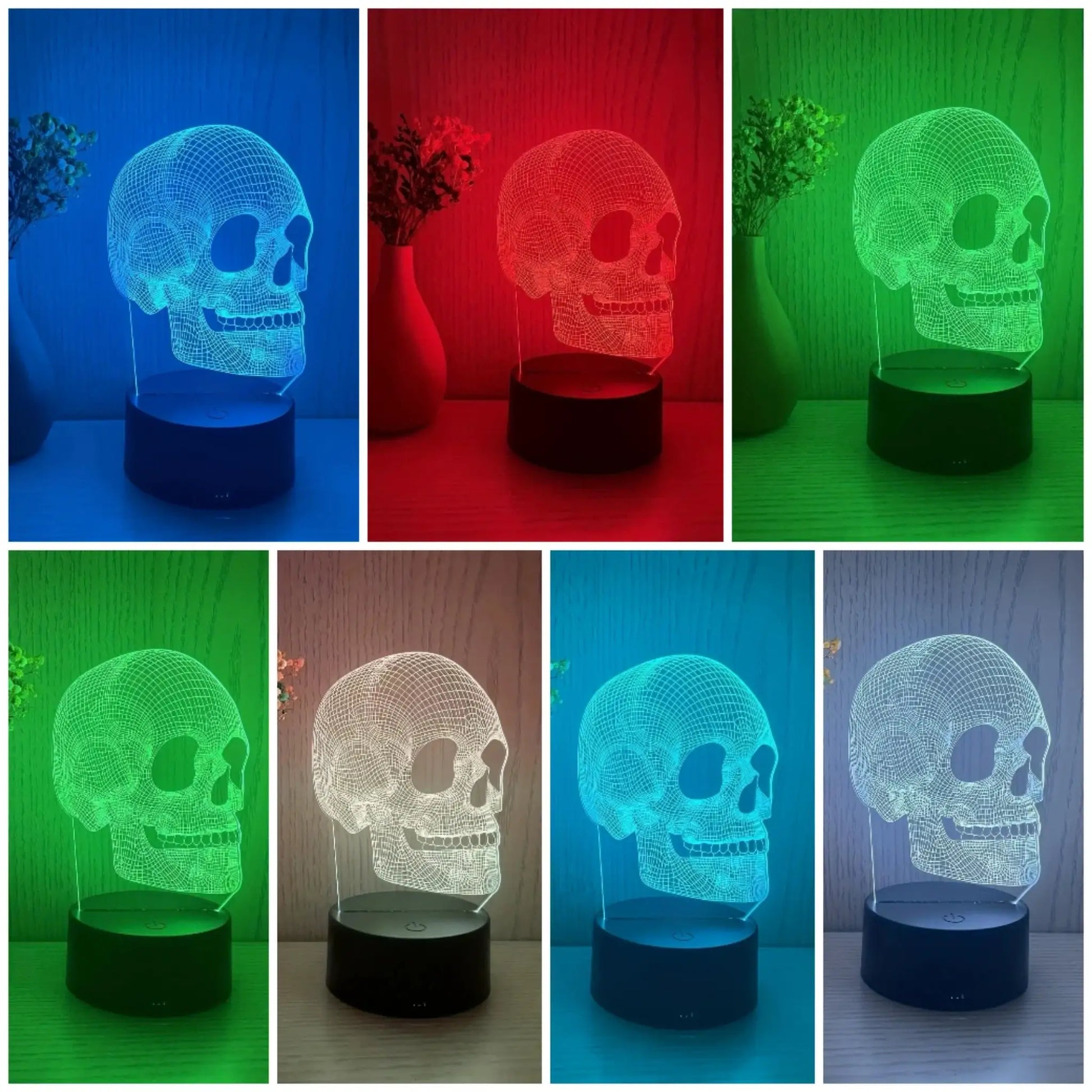 Skull USB night light by Simples Market; decorative Halloween lamp in blue, red, and green colors.