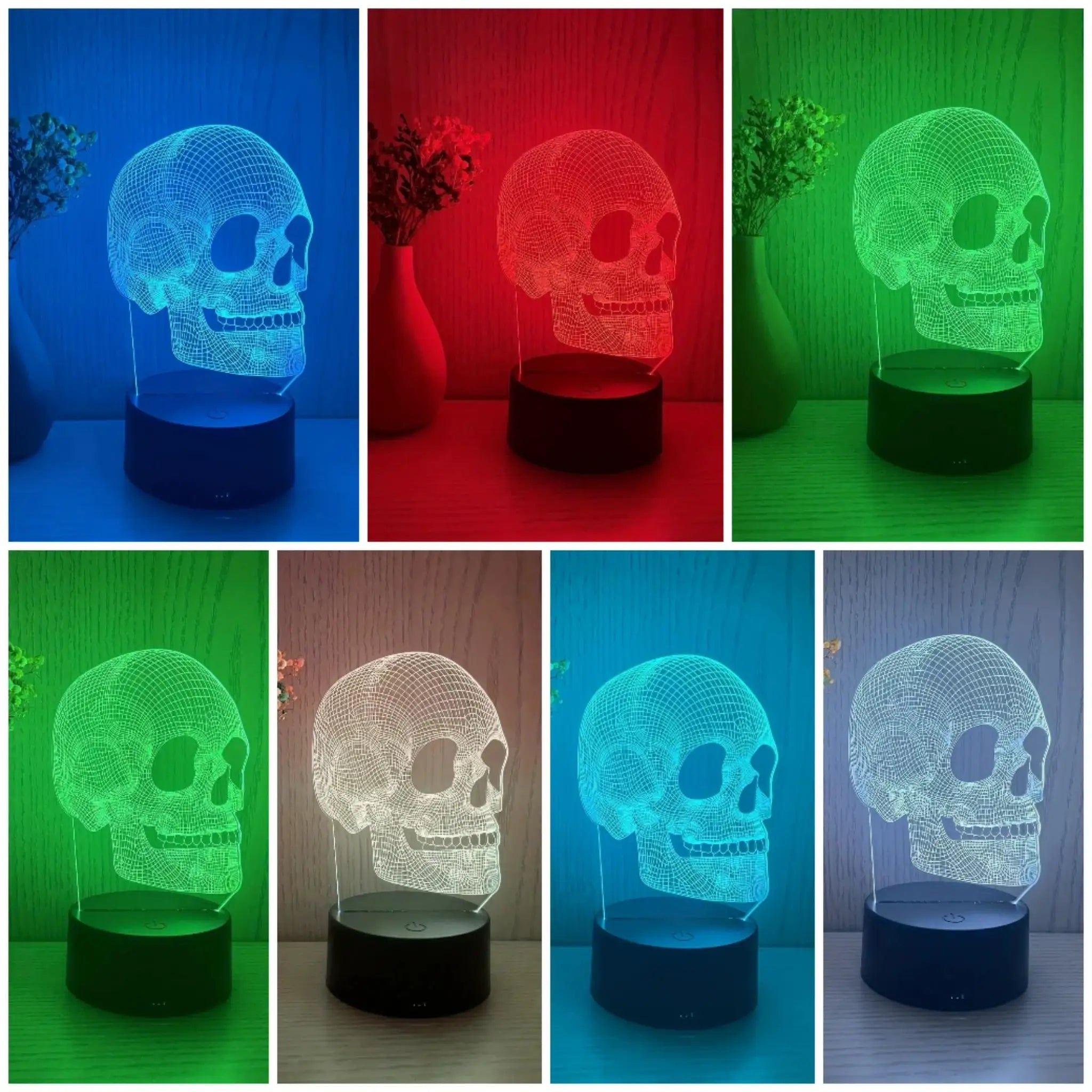 Skull USB night light by Simples Market; decorative Halloween lamp in blue, red, and green colors.