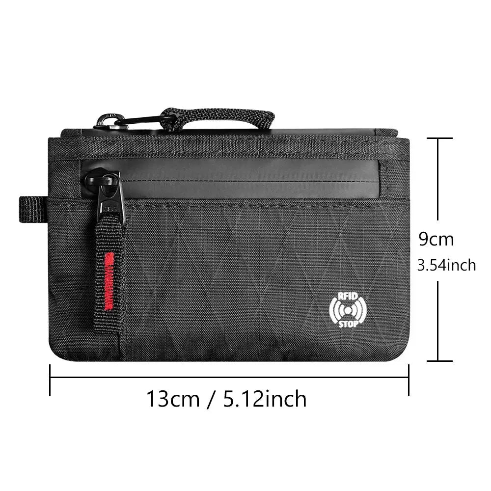 Zipper RFID wallet mini coin purse in black nylon with a red zipper pull; compact 13 cm × 9 cm, RFID protection.