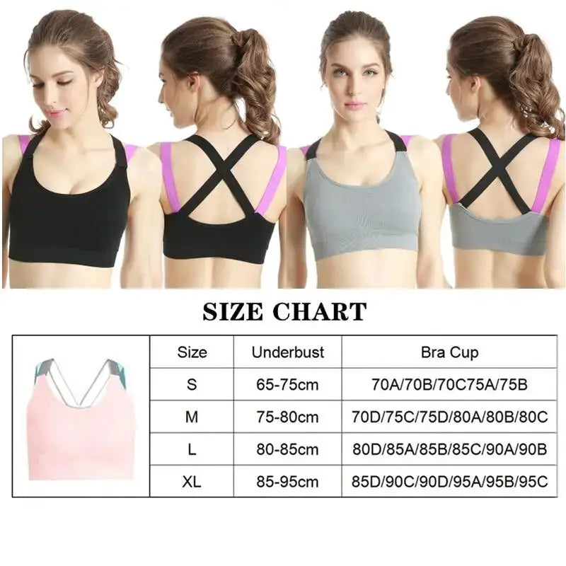 Color-blocked cross-back sports bras in black and gray with pink straps, shown from front and back (set of 2)