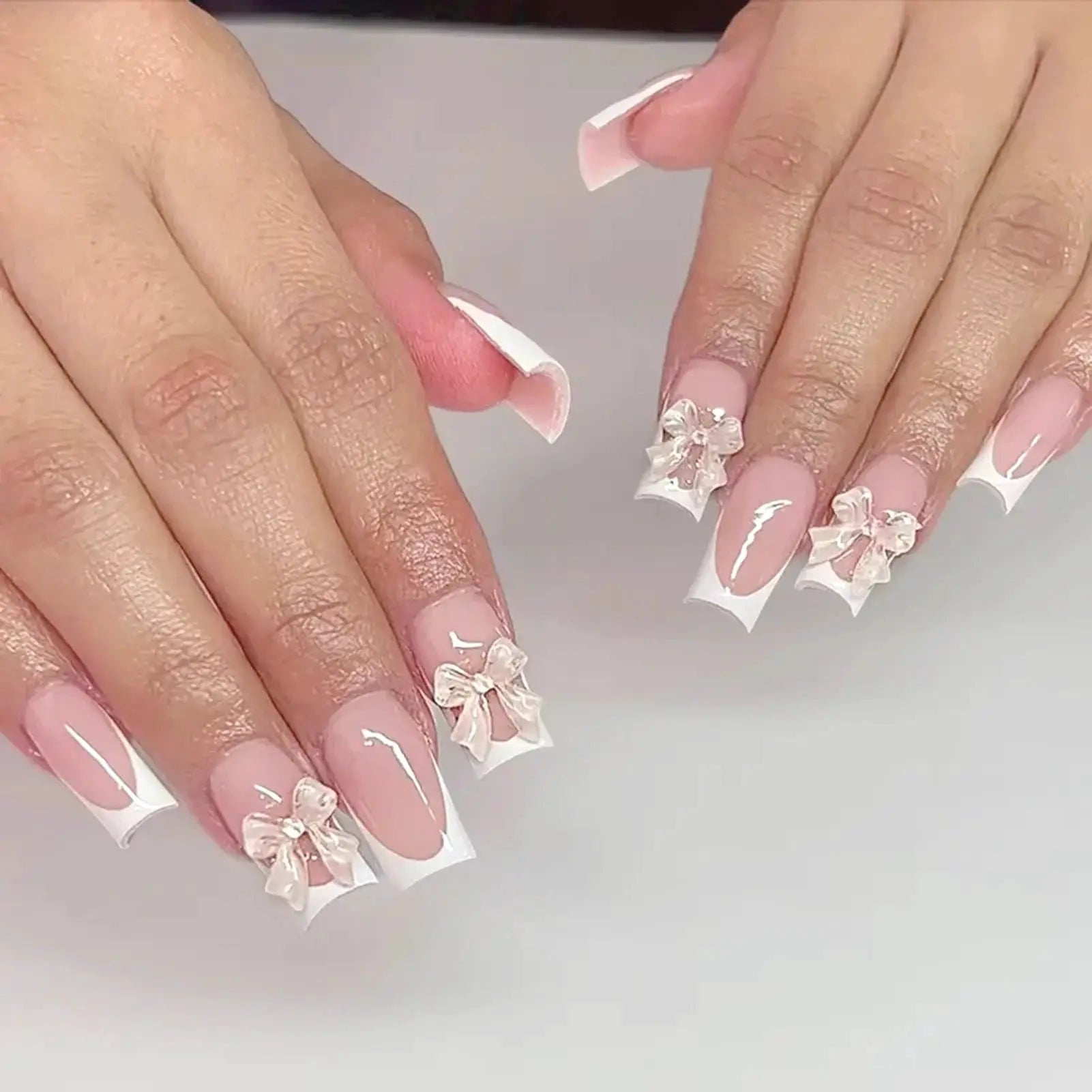 LuxeNail White French Press On Nails 3D Bowknot Full Cover Tips Durable 24Pcs DIY Manicure Set