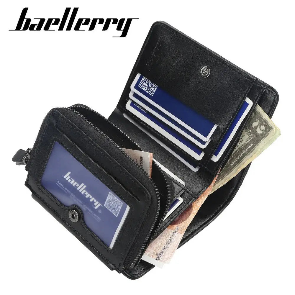 Baellerry men's short wallet in black PU leather with RFID-blocking front pocket and card slots.