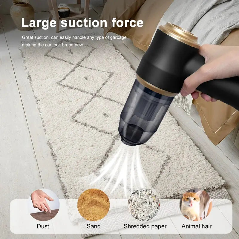 Wireless car vacuum cleaner by Simples Market, handheld black with gold trim cleaning a light shag rug