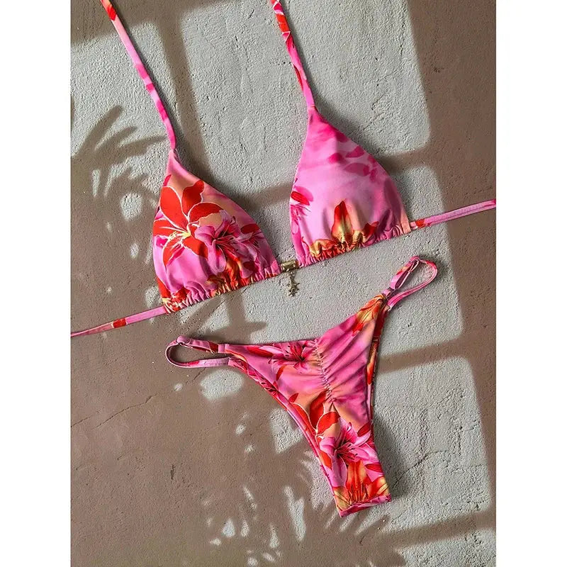 Simples Market pink floral two-piece bikini set with triangle top and string-tie bottoms