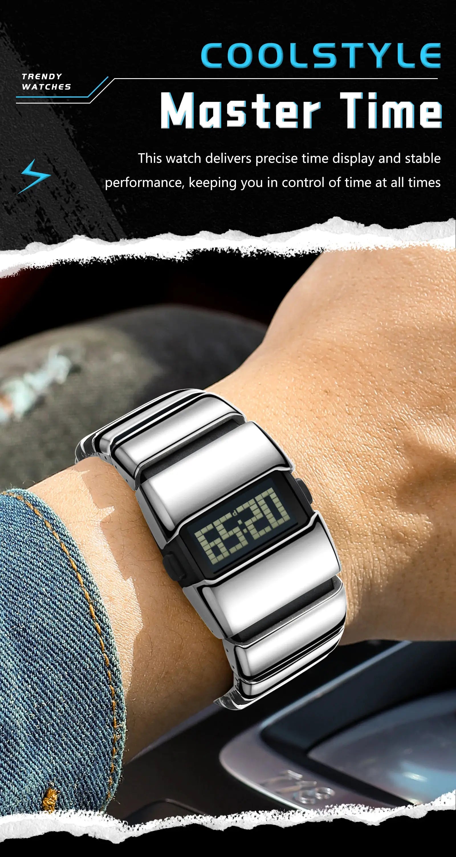 POEDAGAR digital LED men's watch with stainless steel bracelet