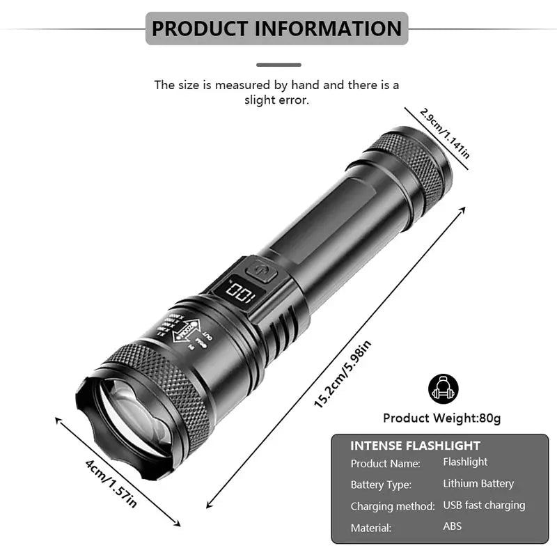 Rechargeable LED flashlight with LCD display, zoomable beam, 3 modes, waterproof Simples Market