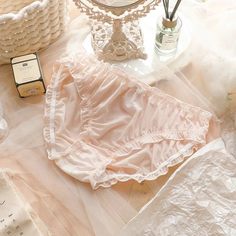 Women's large-size pink ice-silk panties with ruched edges and silky finish