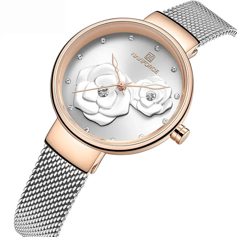 Naviforce women's watch with rose-gold case, silver mesh strap, floral dial and crystal markers
