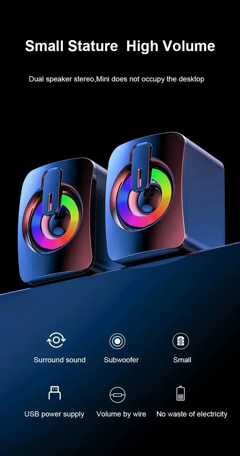 Pair of USB-powered desktop speakers with RGB rainbow ring lighting.