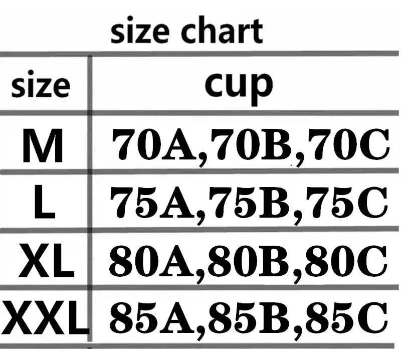 Size chart for Simples Market women's sports bra; cup sizes M–XXL with 70A–70C, 75A–75C, 80A–80C, 85A–85C.