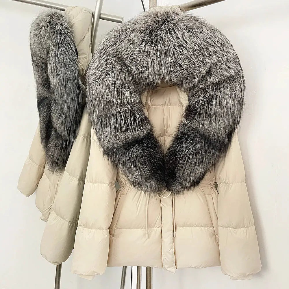 Womens Real Fox Fur Collar Duck Down Coat With Raccoon Fur Trim Hooded Puffer Jacket
