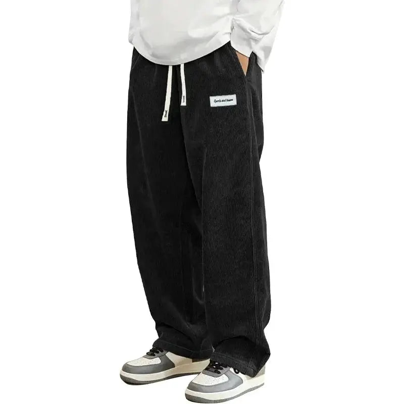 Simples Market men's black corduroy casual pants with elastic drawstring waist, loose baggy straight fit