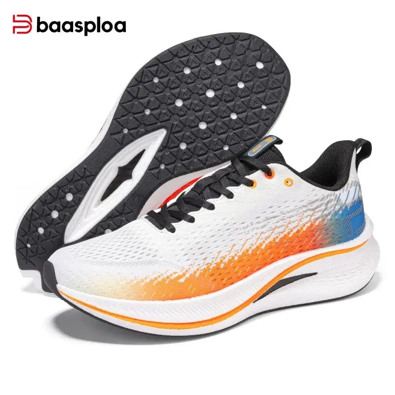 Baasploa men's jogging shoes with white breathable mesh, orange gradient side, blue heel, black laces, non-slip outsole