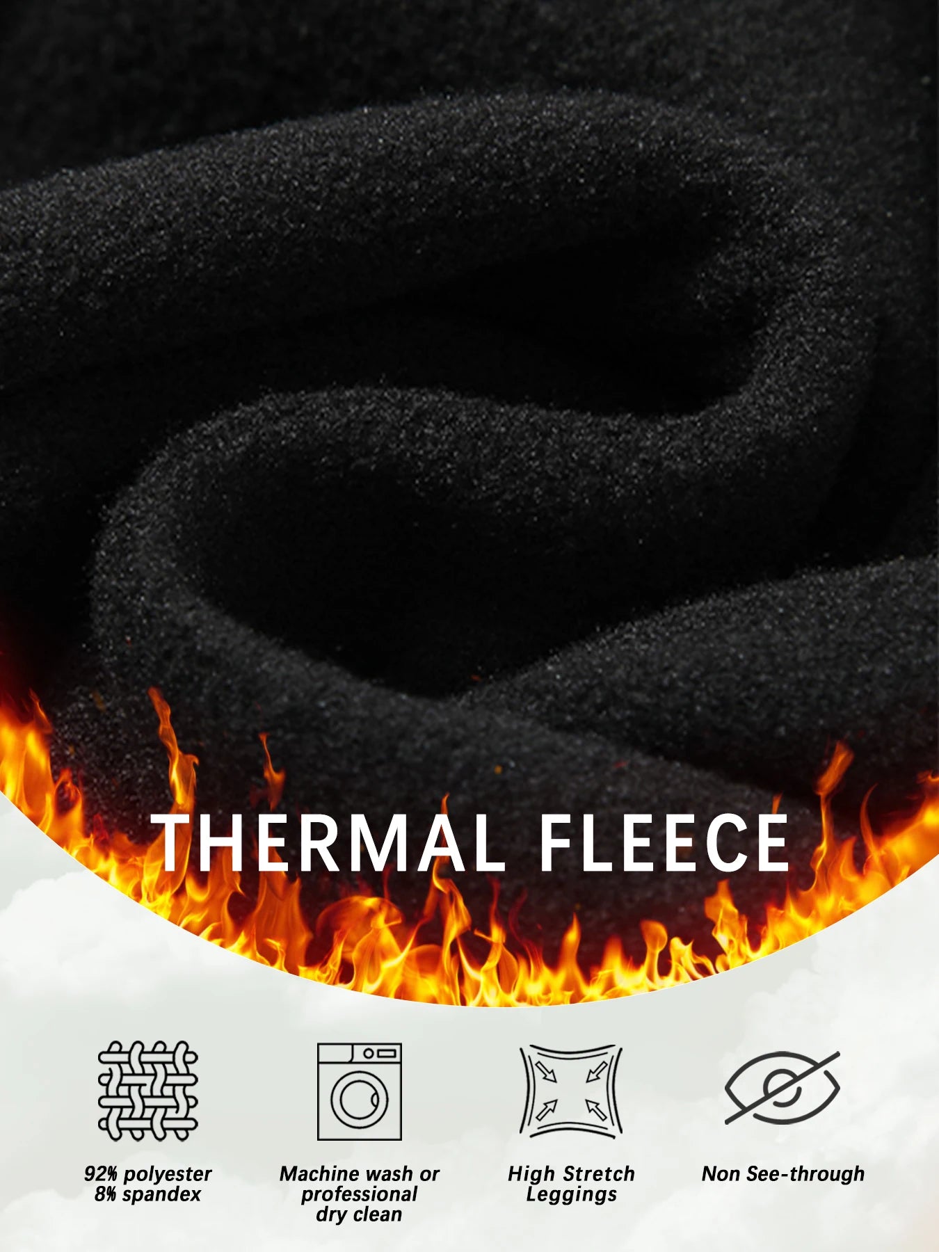 Women's black thermal fleece-lined leggings; soft, high-stretch fabric with 92% polyester and 8% spandex.