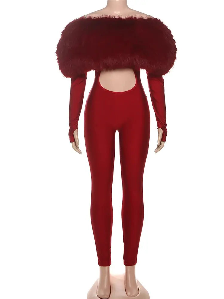 Sisterlinda red furry slash-neck jumpsuit with hollow cutout and long sleeves by Simples Market