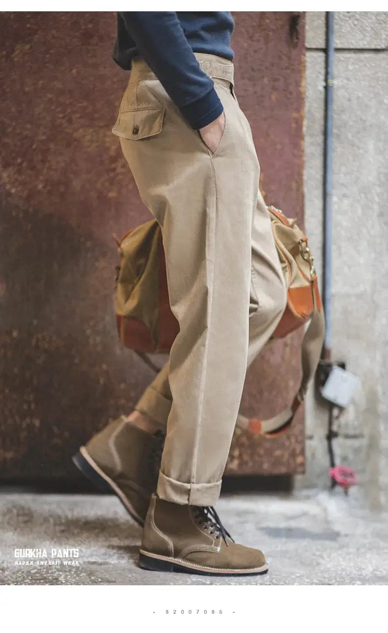 Maden Vintage Khaki Gurkha pants with cargo pocket, adjustable high waist, straight leg.