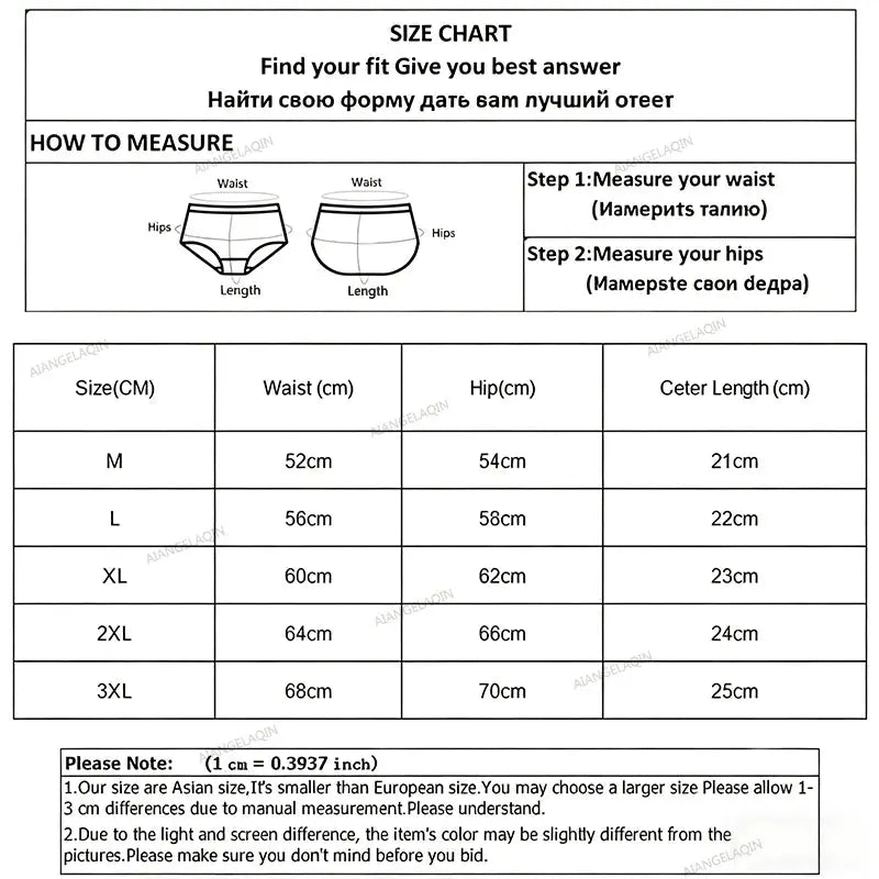 Plus-size underwear size chart by Simples Market showing waist, hip and center length for M–3XL (cm).