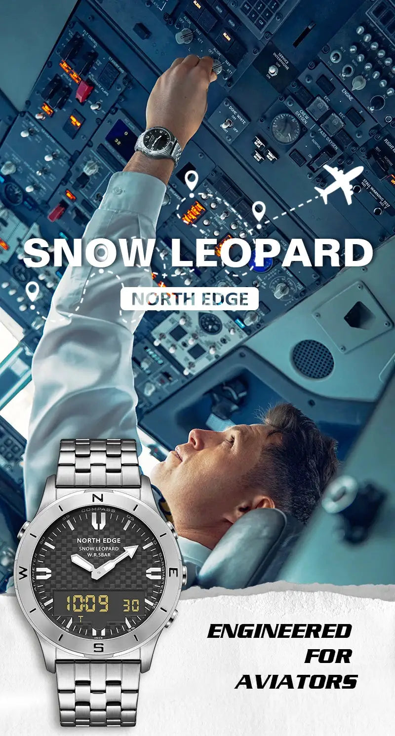 North Edge men's sports digital watch with stainless steel bracelet, black carbon dial and compass bezel