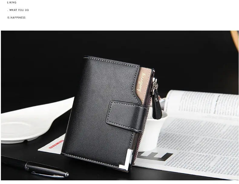 Baellerry black leather men's wallet with zipper coin pocket and card holder