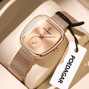 POEDAGAR women's rose-gold stainless steel mesh watch with square case, luxury quartz