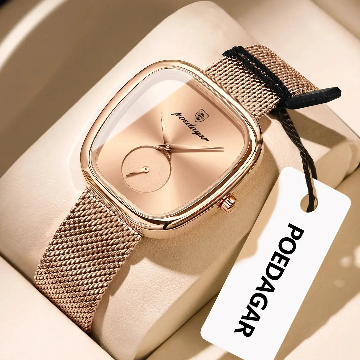 POEDAGAR women's rose-gold stainless steel mesh watch with square case, luxury quartz
