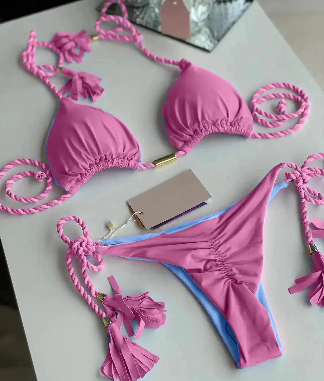 New Women Bikini backless rope triangle swimsuit in pink and blue with tassel ties by Simples Market