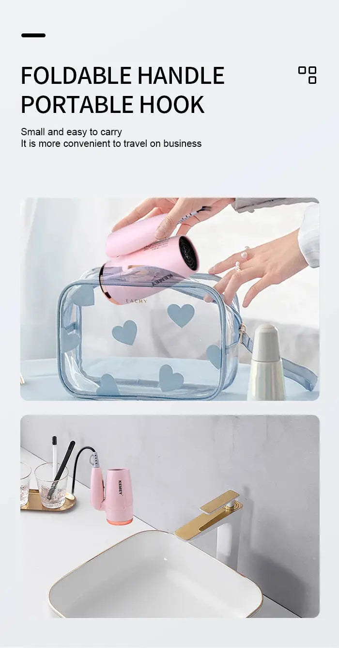 Kemei pink portable foldable hair dryer with clear heart-pattern bag, Simples Market