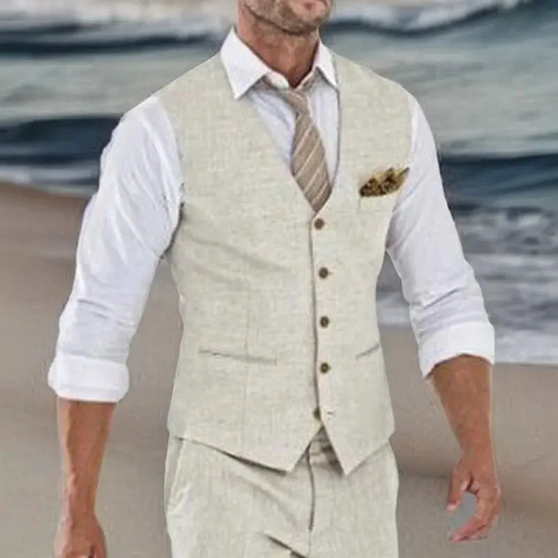 Beige linen men's vest and matching pants, V-neck waistcoat with white shirt and tan tie.