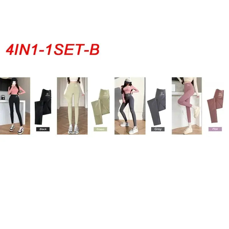 Shark-style women's high-waisted yoga leggings set in multiple colors, 4-in-1 bundle