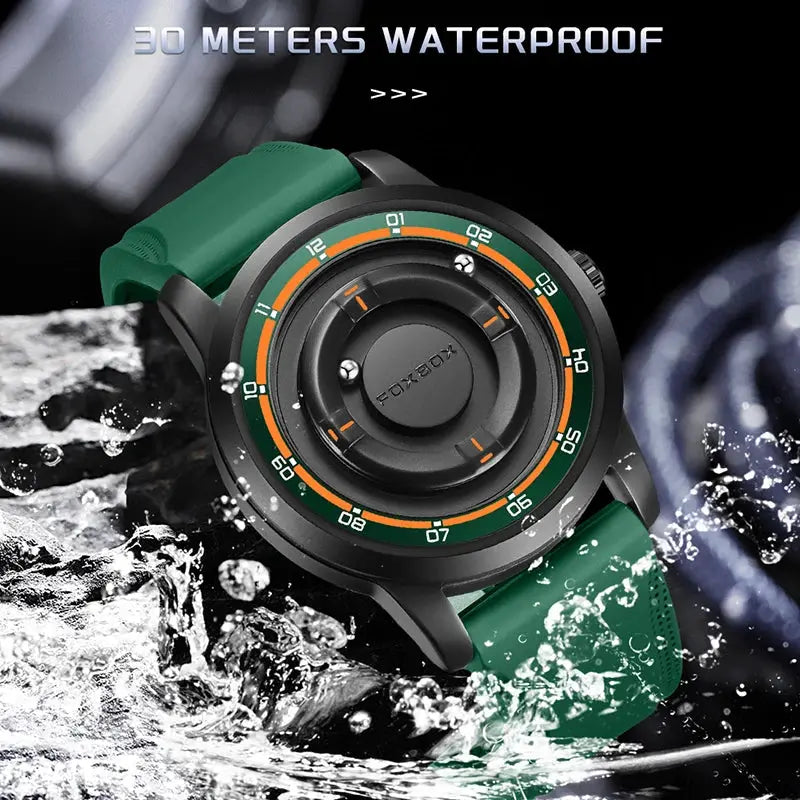 FOXBOX green silicone men's sport watch with black case and bold circular dial, 30m waterproof