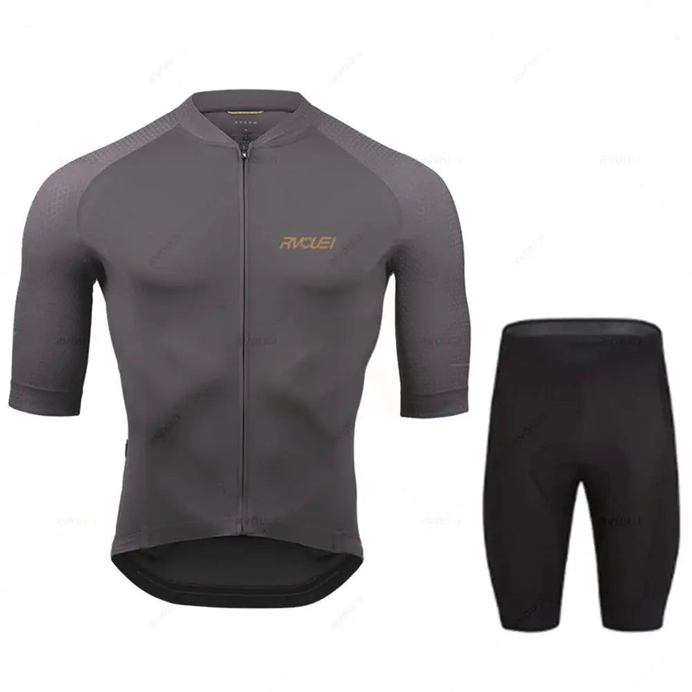 Rvouei Pro Team two-piece cycling jersey and shorts set, gray breathable jersey with full zipper, black shorts.