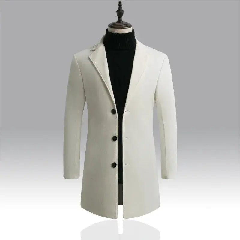 Men's cream wool-blend long coat on a mannequin with a black turtleneck and button-front.