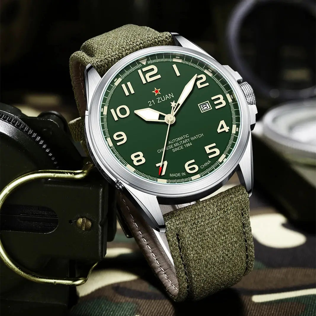 Seagull military men's automatic watch with green dial, beige numerals, date window, canvas strap, stainless steel case