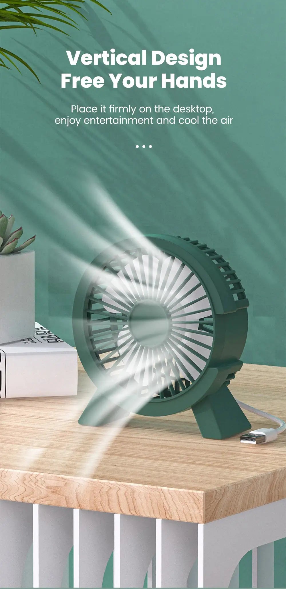 Mini USB rechargeable table fan, green, by Simples Market, desktop fan for home or office.