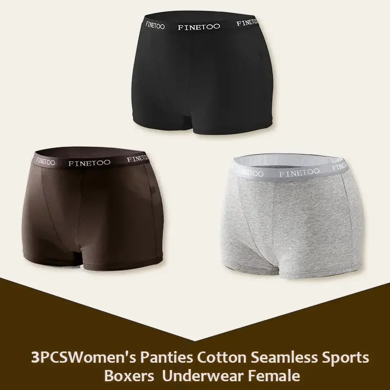 3-pack women's cotton seamless sport boxers underwear in black, brown, and gray with Finetoo waistband