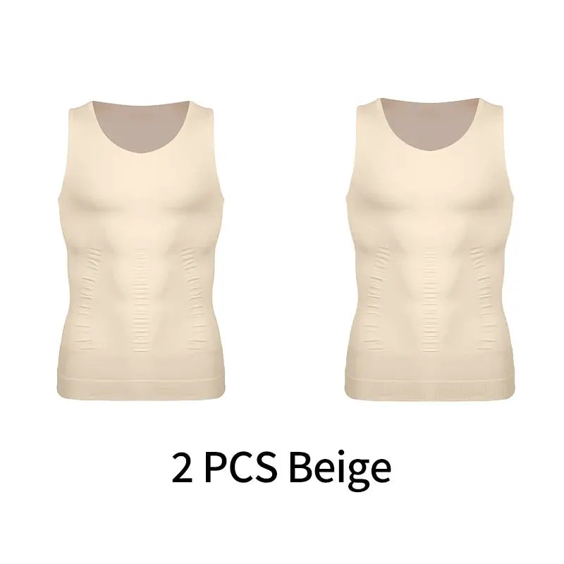 Men's beige compression vest 2-pack by Simples Market, sleeveless body shaper for tummy control