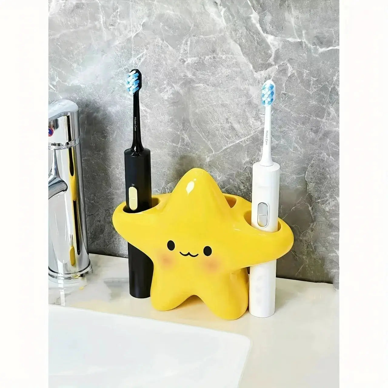Yellow star-shaped toothbrush holder by Simples Market; freestanding bathroom organizer for 2 toothbrushes
