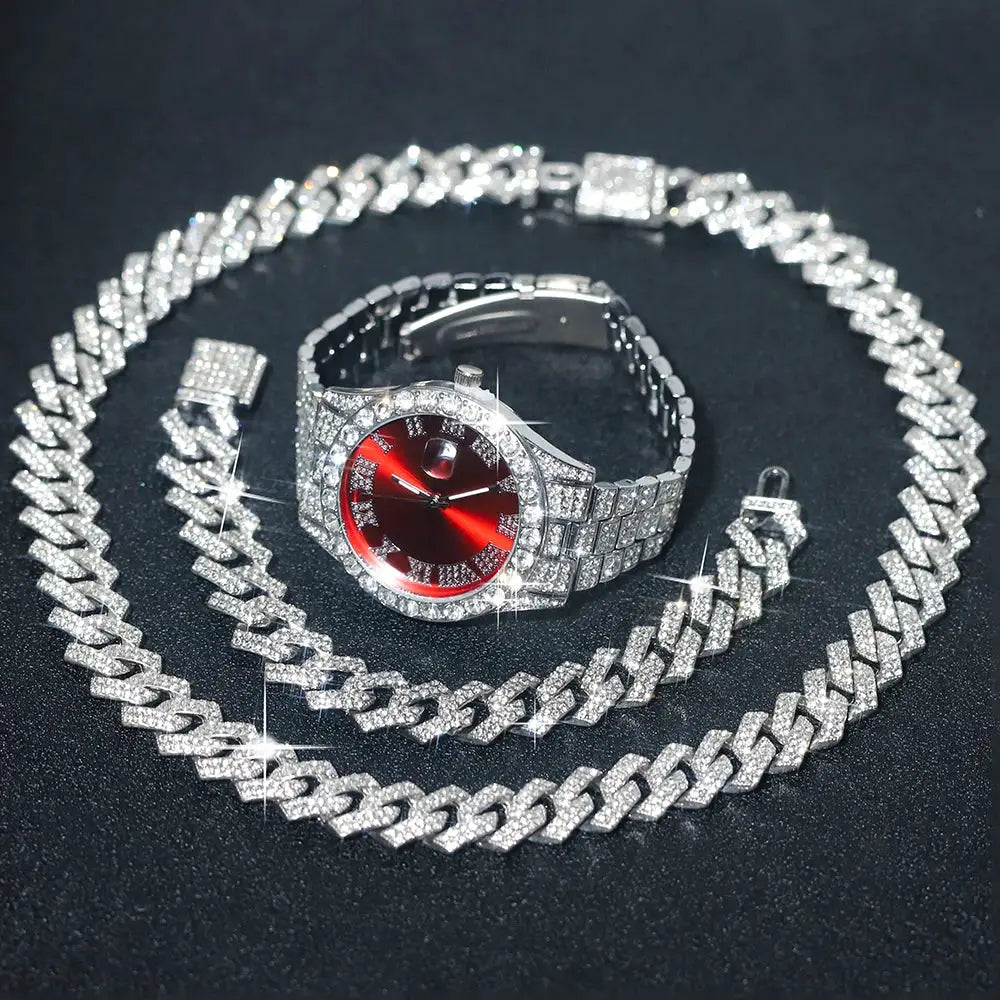 UrbanPulse Mens Hip Hop Silver Watch Set With Diamond Inlay Cuban Chain And Bracelet Adjustable Gift