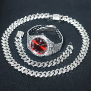 UrbanPulse Mens Hip Hop Silver Watch Set With Diamond Inlay Cuban Chain And Bracelet Adjustable Gift