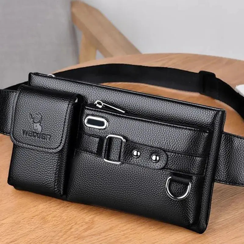 Daily wear solid-tone PU leather crossbody fanny bag by Simples Market, black with buckle strap and multiple pockets