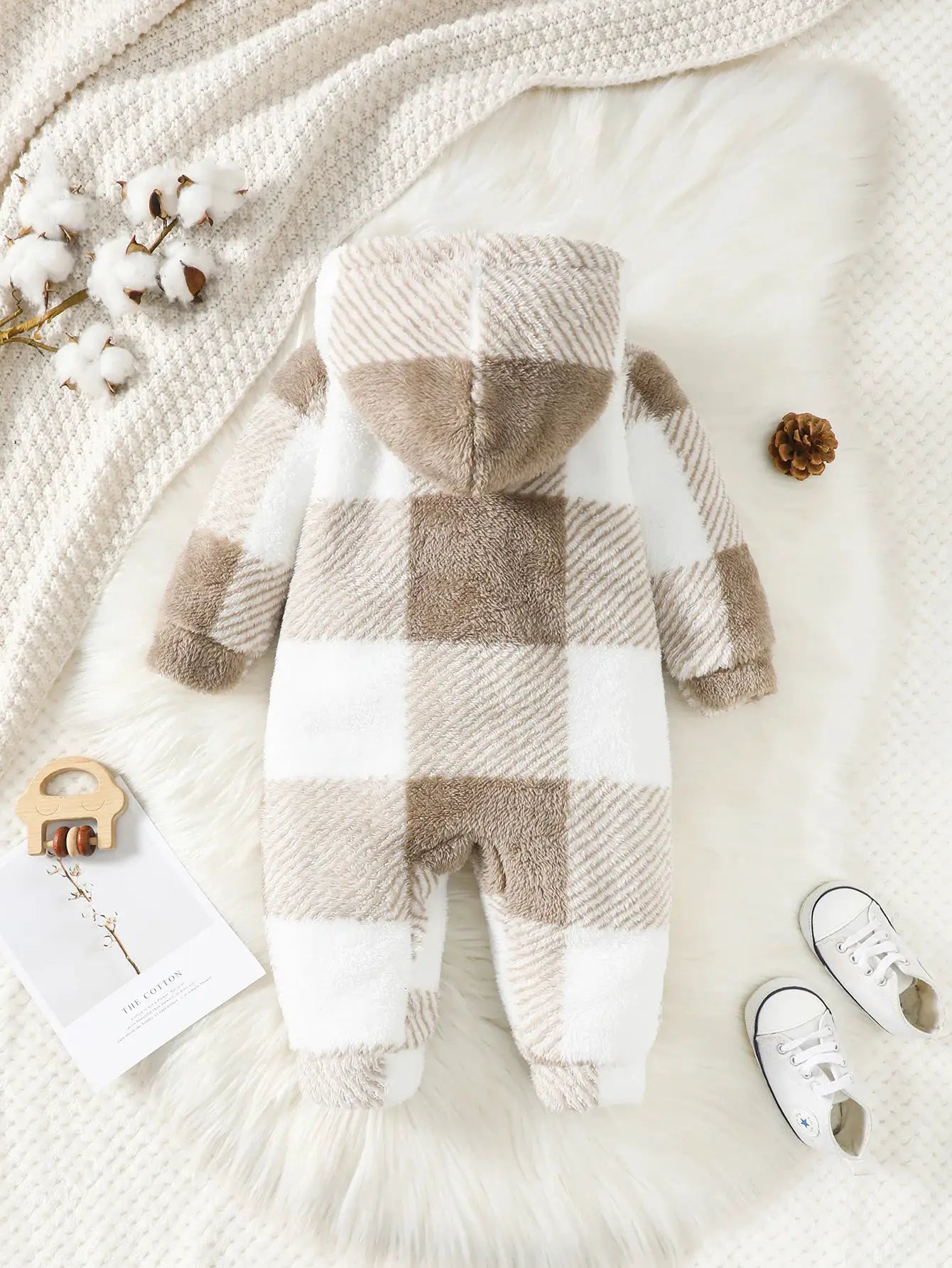 Unisex Plaid Plush Romper With Hooded Long Sleeves Jumpsuit For Winter Warmth 3 To 24 Months