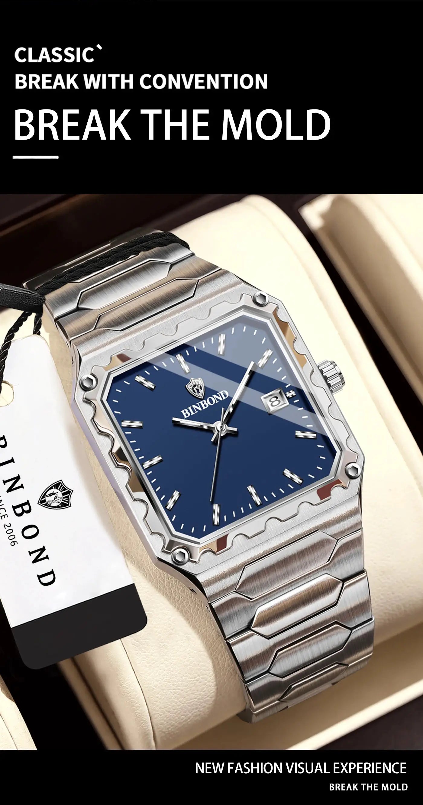 BINBOND stainless steel men's wristwatch with blue dial, date window and octagonal bezel